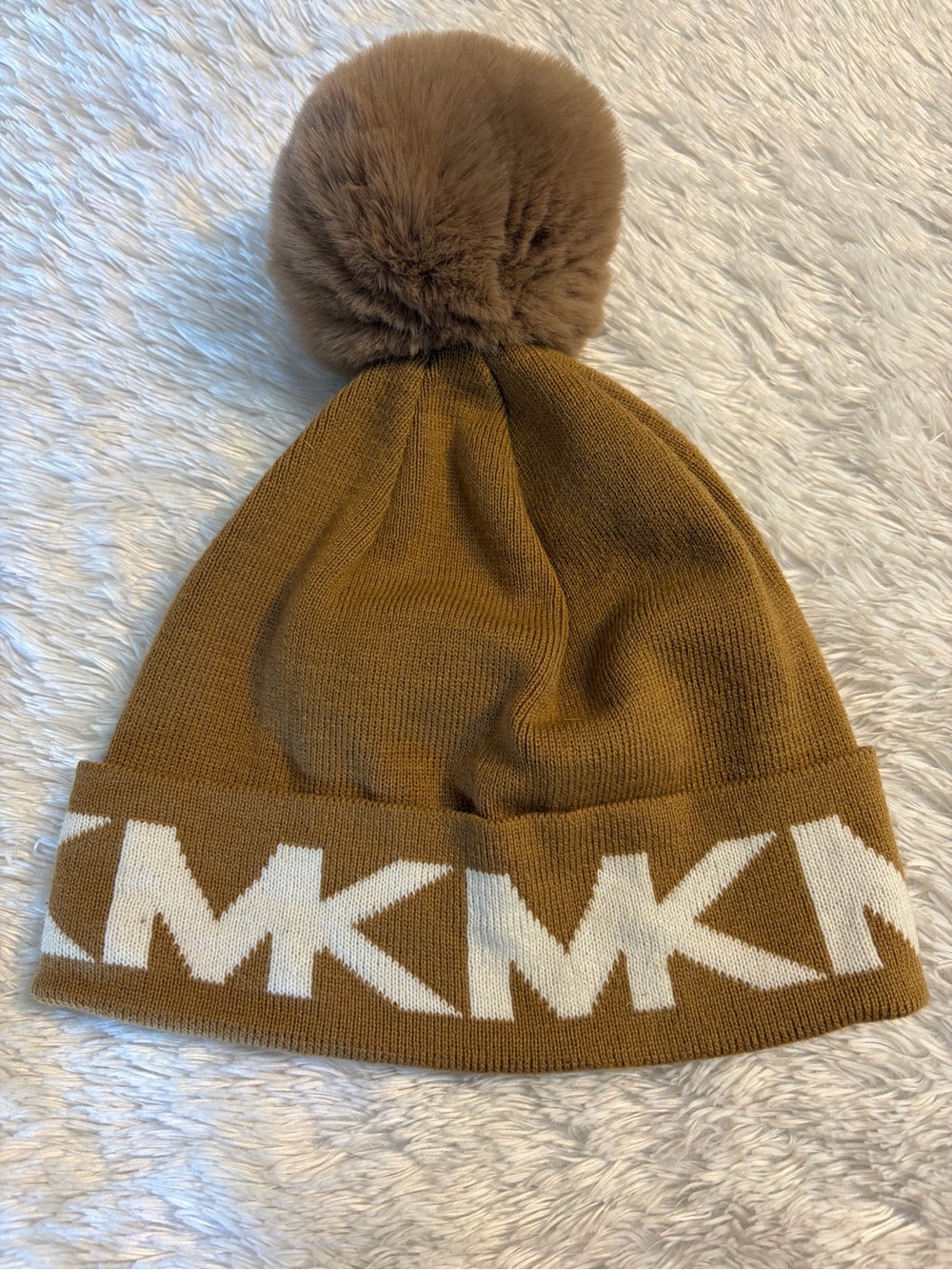 Michael Kors Women’s Camel Pom Beanie with Logo Cuff